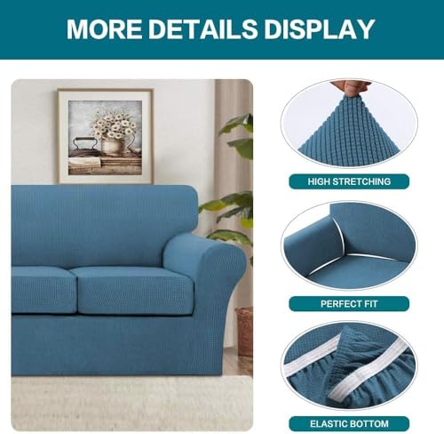 4 Piece Sofa Covers for 3 Cushion Couch Sofa Slipcover Soft Couch Cover for Dogs Washable Furniture Cover with 3 Individual Large Cushion Covers Feature Fabric (L Sofa (3 Cushion) / Dusty Blue)