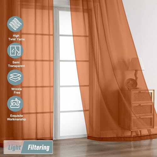 Orange Sheer Curtains 90 Inches Long 2 Panels (42"W x 90"L (Pack of 2) / Orange)