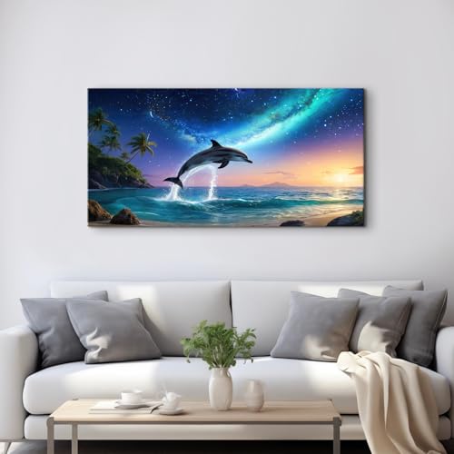 Blue Ocean Wall Art Dolphin Pictures Wall Decor Colorful Galaxy Nebula Starry Canvas Prints Painting Palm Tree Poster Modern Animal Seascape Artwork for Bedroom Living Room Home Decoration 24x48” (48"L x 24"W / Galaxy)