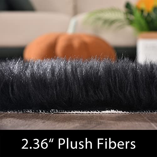 Black Faux Fur Round Rug 6.7ft Shag Sheepskin Rug for Bedroom Fluffy Carpet for Living Room Furry Rugs for Playroom Luxury Home Decor (6'7" (Round) / Black)