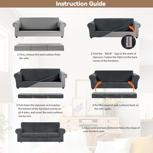 4 Pieces Couch Cover for Sofa Velvet Sofa Covers Washable (Large / Dark Grey)