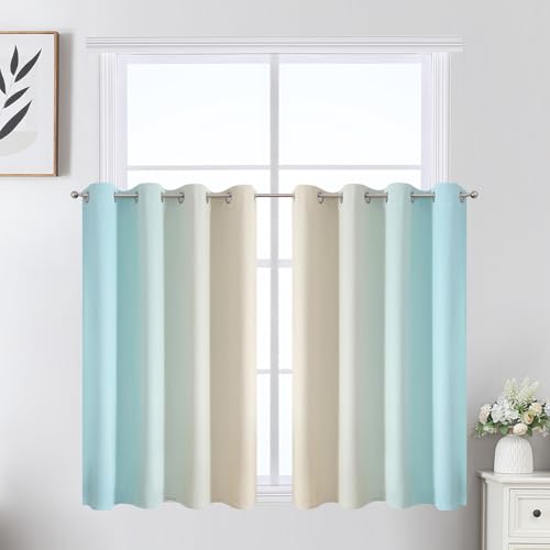 Aqua and Beige Ombre Blackout Curtains for Bedroom 36 Inch (Beige and Aqua / 52"W x 36"L (Pack of 2))