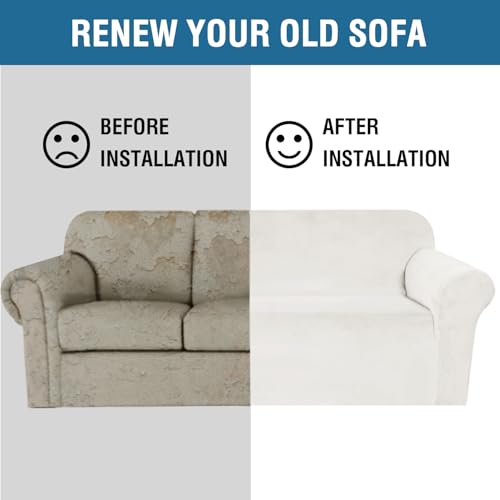 Stretch Velvet Sofa Covers for 3 Cushion Couch Covers Furniture Protector Soft with Non Slip Elastic Bottom (Porcelain White / Sofa)