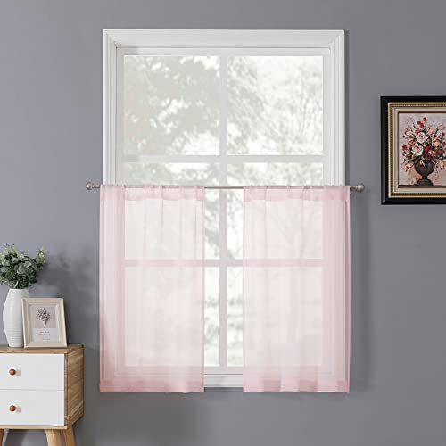Short Sheer Tier Curtains Linen Textured Half Kitchen Curtain Sheers Light Filtering Rod Pocket Voile Small Curtain for Bathroom (25"W x 24"L (Pack of 2) / Pink)