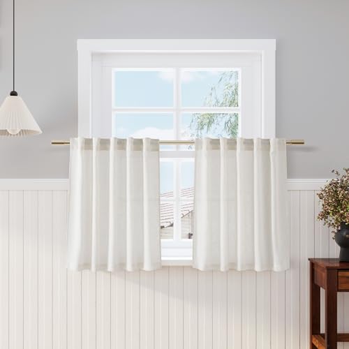 Cream Linen Kitchen Curtains 30 Inches Long 2 Panels Back Tab Rod Pocket Farmhouse Light Filtering Semi Sheer Short Curtains Solid Privacy Cafe Tier Curtain for Bathroom Basement Camper 30x30 (30"W x 30"L (Pack of 2) / Natural)