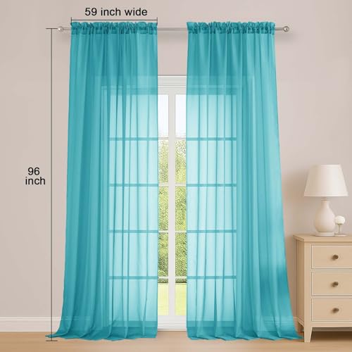 Turquoise Sheer Curtains 96 Inches 2 Panels for Living Room 59" Wide (Turquoise / 59"W x 96"L (Pack of 2))