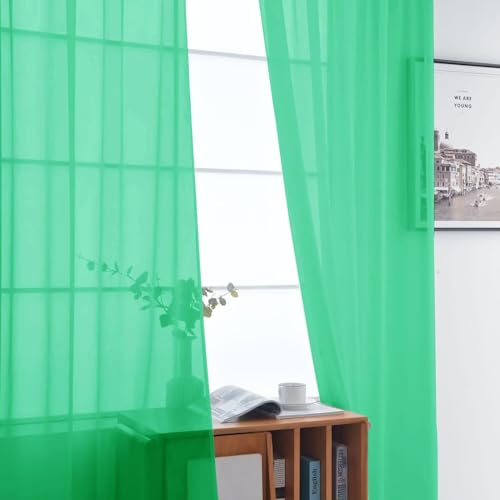 Basic Rod Pocket Sheer Voile Window Curtain Panels Grass Green 1 Pair 2 Panels 52 Width 90 Inch Long for Kitchen Bedroom Children Living Room Yard（Grass Green (Grass Green / 52"W x 90"L (Pack of 2))