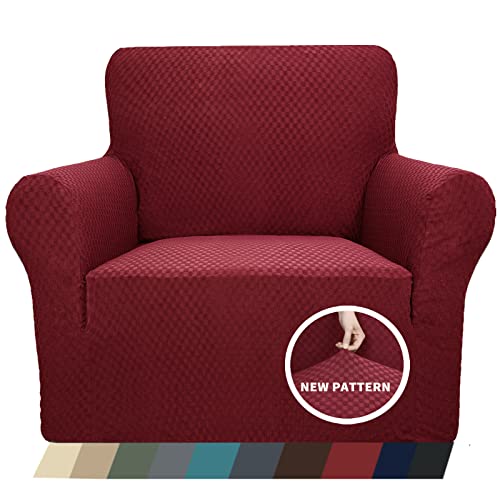1 Piece Jacquard Chair Slipcovers for Living Room High Stretch Chair Covers with Arms Anti Slip Pets Friendly Couch Sofa Armchair Cover Furniture Protector (Small (31"-46") / Wine Red)