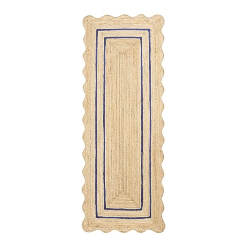 Wave Scalloped Jute Runner Handwoven Hallway Runner Navy Blue 2'x20' (2'x20' / Navy Blue)