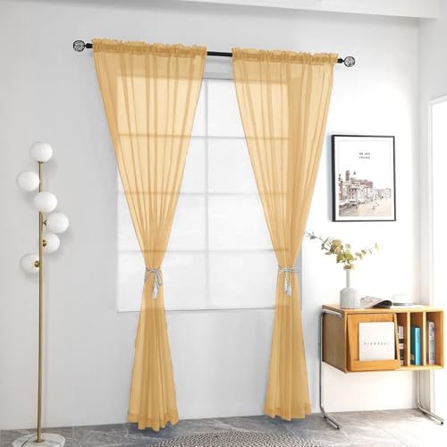 Solid Sheer Rod Pocket Curtain Voile Draperies 2 Panels White Beige Black Grey Coffee 52 Inch Width 45 Inch Long 1 Pair for Kitchen Bedroom Children Living Room Yard (Beige / 52"W x 45"L (Pack of 2))