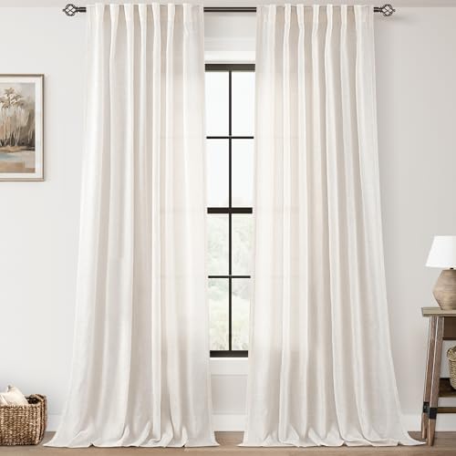 Extra Long 120 inch Curtains Linen Blend for Living Room Back Tab Neutral Rustic Farmhouse Light Filtering Semi Sheer Linen Drapes 120 inch Ceiling to Floor For Large Window Villa Hallway Ivory 10 FT (Natural / 52"W x 120"L (Pack of 2))
