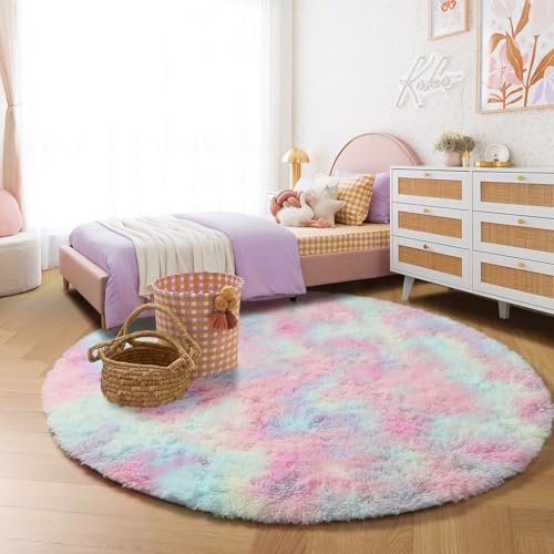 Rainbow Unicorn Large Round Rug 6Ft for Girls Bedroom Living Room (Rainbow / 6' (Round))