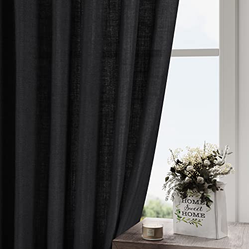 Black Linen Curtains 132 inch Extra Long for Living Room Back Tab Light Filtering Semi Sheer Drapes Modern Farmhouse Muslin Look Decor Cotton Textured Curtain for Floor to Ceiling Window 11 FT (52"W x 132"L (Pack of 2) / Black)