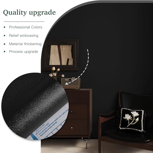 394''x17.7'' Black Peel and Stick Wallpaper Contact Paper Modern Self Adhesive Wall Paper Removable Renter Friendly Textured Solid Color Shelf Cabinet Vinyl Roll (Black / 17.7" x 394")