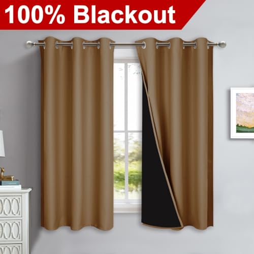 100% Blackout Short Curtains with Black Liners (Gold Brown / 37"W x 40"L (Pack of 2))
