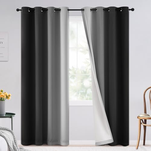 Ombre Black 100% Blackout Bedroom Curtains with White Liner 84L (52"W x 84"L (Pack of 2) / Black With White Back)