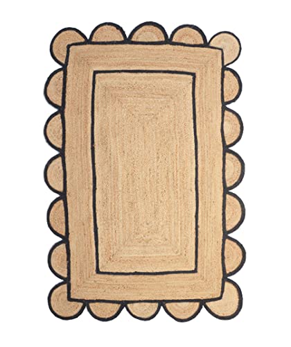 Scallop Pattern Jute Bohemian Area Rug (10'x14' (Rectangular) / Black)