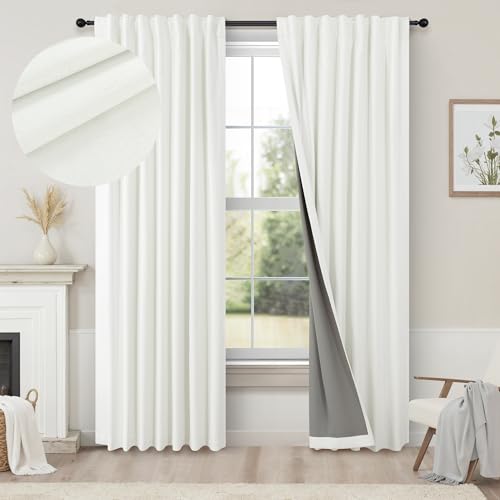 Black Out Curtains 72 Inch Long 2 Panel Burg Lightweight Faux Linen Cute Blackout Bay Window Curtain Modern Neutral Drapes for Bedroom Cabin Room Darkening Curtains 6FT Length Back Tab Ivory Off White (Ivory / 52"W x 72"L (Pack of 2))