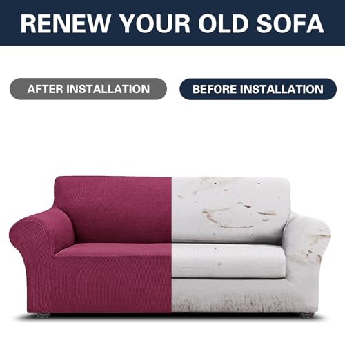 2026 New Stretch Oversized Sofa Slipcovers Couch Sofa Cover for 4 Seater Furniture Protector Covers with Elastic Bottom Jacquard Fabric Small Checks for Pets (Wine / Oversized Sofa)