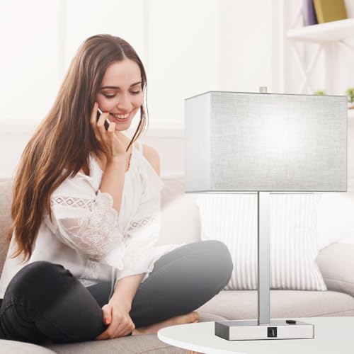 21" Set of 2 Table lamp with USB A+C & AC Outlets (Gray Linen & Brushed Nickel)