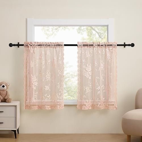 Blush Pink Lace Cafe Curtains 24 Inch Length 2 Panels set Country Floral Sheer Curtains Rod Pocket Short Kitchen Decor Light Filtering Small Window Bathroom Basement RV Laundry Camper (26"W x 24"L (Pack of 2) / Blush Pink)