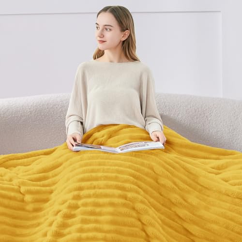 Ribbed Fleece Throw Blanket for Couch (Light Yellow / Throw(50"x60"))