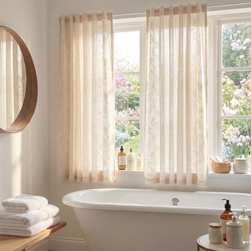 Floral Linen Curtains 63 Inch Farmhouse Back Tab 2 Panels (Vine | Ivory / 50"W x 63"L (Pack of 2))
