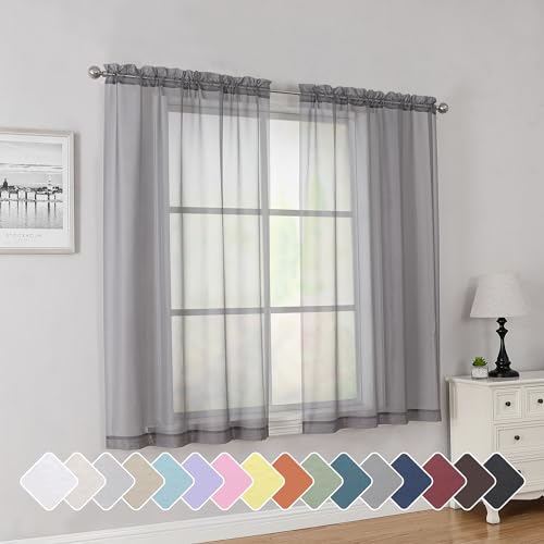 Grey Short Sheer Curtains 45 Inch Length 2 Panels for Bedroom (Charcoal Grey / 42"W x 45"L (Pack of 2))