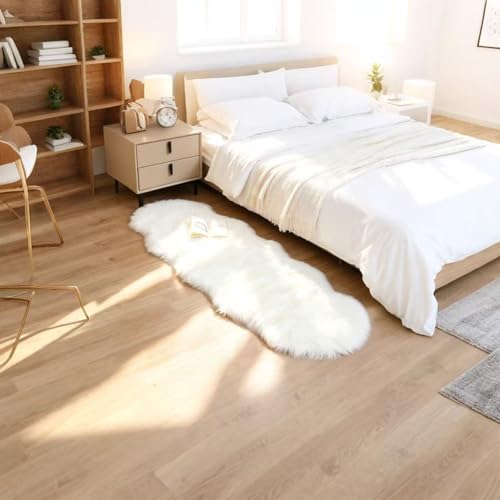 Faux Fur Sheepskin Runner Rug White 2x6 ft Ultra Soft Shaggy Plush Fluffy Fuzzy Area Carpet Decorative Chair Cover Floor Mat for Bedroom Sofa Living Room Bedside (White / 2' x 6' (Runner))