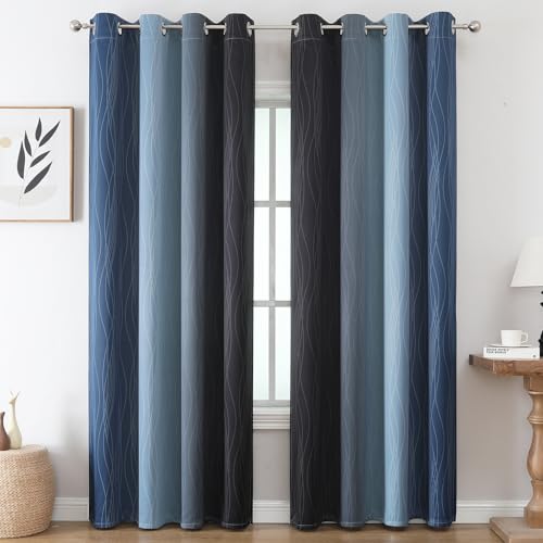 Navy Blue and Black Ombre Blackout Curtains for Living Room 102 Inch Length (Black and Navy Blue / 52"W x 102"L (Pack of 2))