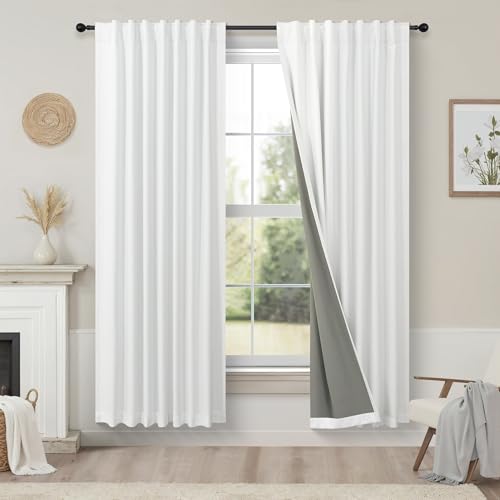 Black Out Curtains 63 Inch Long Small White Blackout Energy Saving Dining Room Darkening Curtain for Nursery Office Shabby Chic Faux Linen Kids Bedroom Curtains 63 Inch Length 2 Panels Back Tab Pocket (White / 52"W x 63"L (Pack of 2))