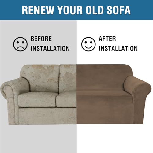 Stretch Velvet Sofa Covers for 3 Cushion Couch Covers Furniture Protector Soft with Non Slip Elastic Bottom (Mocha / Sofa)