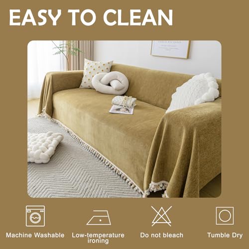 Couch Covers for Pets Boho Mustard Yellow Love Seat Couch Covers Brown Sofa Cover for Dogs Pet Couch Protector Chenille Tassel Sofa Slipcovers Sofa Throw Cover Boho Decor (91" x 118" / Tassel Ball: Mustard)