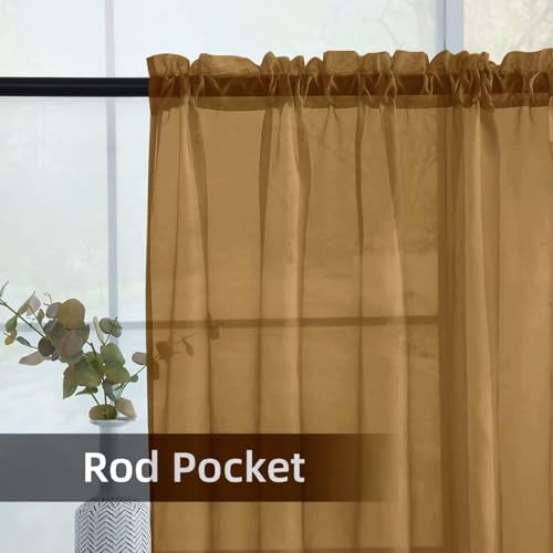 Solid Sheer Rod Pocket Curtain Voile Draperies 2 Panels White Beige Black Grey Ivory 52 Inch Width 90 Inch Long 1 Pair for Kitchen Bedroom Children Living Room Yard (Light Brown / 52"W x 90"L (Pack of 2))