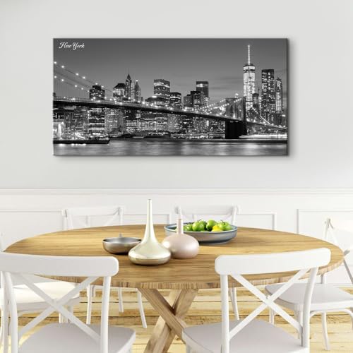 New York Wall Art for Living Room Brooklyn Bridge Canvas Prints Black and White Manhattan Night View Posters Modern Cityscape Panoramic Painting Artwork for Bedroom Office Home Decoration 24x48" (48"L x 24"W / New York)