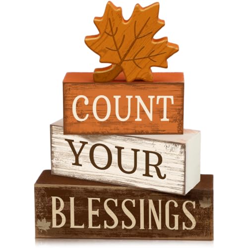 4 Pcs Fall Table Decoration Rustic Maple Leaf Stacked Wooden Blocks (Count Your Blessings)