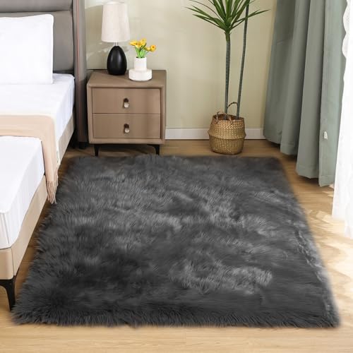 4x6 Shag Dark Grey Faux Fur Sheepskin Rug Bedside Plush Rugs Washable Fluffy Rug for Bedroom Dorm Luxury Home Décor (4' x 6' (Rectangular) / Dark Grey)