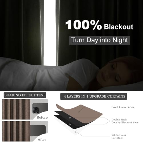 102 Inch Length Linen Blackout Bedroom Curtains Dark Brown Back Tab Pleat Curtains for Living Room 100% Black Out Drapes Thermal Insulated Floor Ceiling Boho Farmhouse Window Drapes 2 Panels Taupe (Dark Brown / 52"W x 102"L (Pack of 2))
