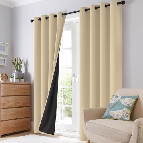 Beige 100% Blackout Curtains Room Darkening Living Room 54 Inch (Beige / 52"W x 54"L (Pack of 2))
