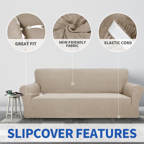 1 Piece Jacquard Couch Covers for 3 Cushion Couch Living Room High Stretch Sofa Cover Pets Dogs Friendly Anti Slip Thickened Slipcovers Furniture Protector (Large (71"-90") / Khaki)