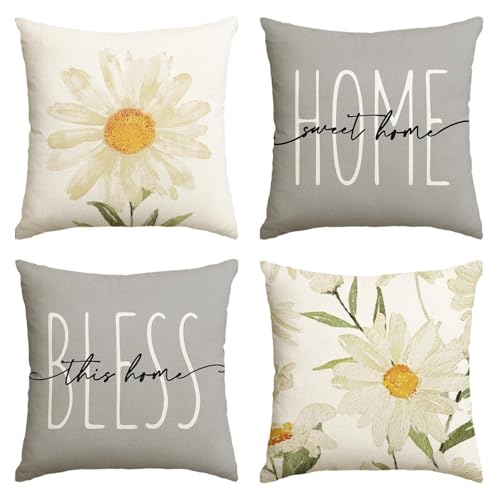 Home Sweet Home Spring Summer Flowers Throw Pillow Covers (Grey / 20" x 20" (Pack of 4))