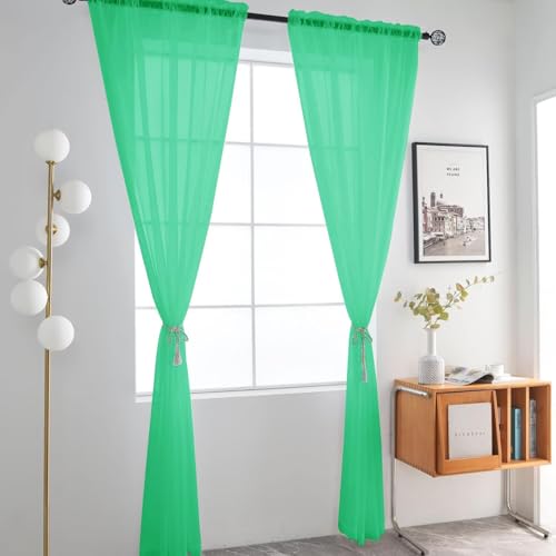 Basic Rod Pocket Sheer Voile Window Curtain Panels Grass Green 1 Pair 2 Panels 52 Width 84 Inch Long for Kitchen Bedroom Children Living Room Yard（Grass Green (Grass Green / 52"W x 84"L (Pack of 2))
