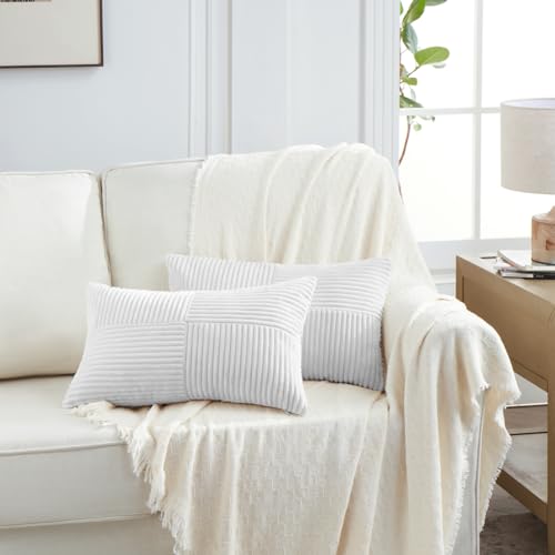 2 Packs White Lumbar Decorative Throw Pillow Covers 12x20 Inch for Living Room Couch Bed Sofa (White / 20" x 12" (Pack of 2))