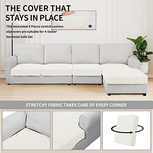 Stretch 4 Pieces Couch Cushion Covers for Sectional Sofa L Shape (3 Seater + 1 Chaise / Cream)