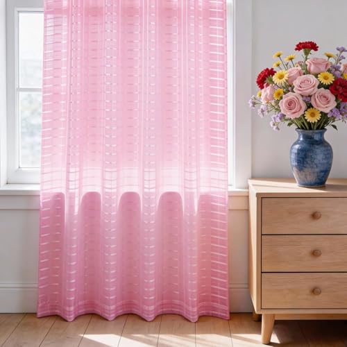 Check Sheer Curtains 90 Inches 2 Panels Set (Check - Pink / 52"W x 90"L (Pack of 2))