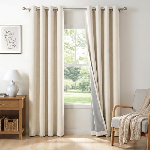 100% Blackout Linen Curtains 108 Inch Long 2 Panels Set (Alba | Butter Cream / 50"W x 108"L (Pack of 2))