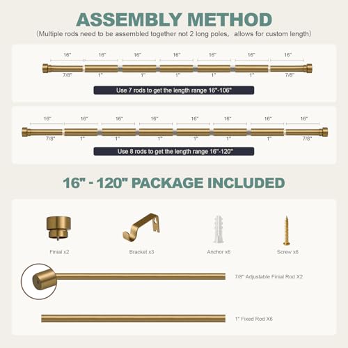 Warm Gold Curtain Rods for Windows 66 to 120 Adjustable Length Heavy Duty 1" Diameter Brass Window Curtain Rod with Solid Metal Finials for Outdoor Farmhouse Bedroom Kitchen Living Room (Warm Gold / 16"-120"|1 Pack)