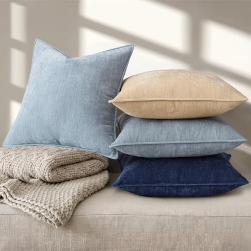 Chenille Light Blue Velvet Throw Pillow Covers 22x22 Set of 2 (Light Blue / 22" x 22" (Pack of 2))