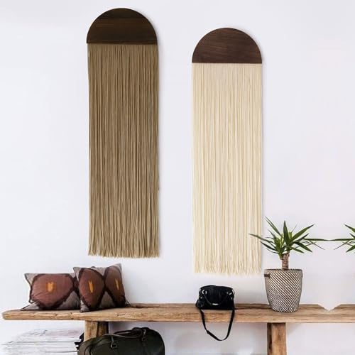 2Pcs Macrame Wall Hanging Boho wall decor Fiber Art Decor 13.7"W*51"L (Ivory and Brown)
