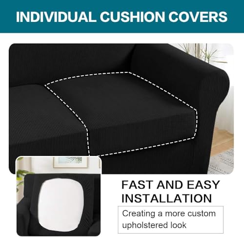 4 Piece Sofa Covers for 3 Cushion Couch Sofa Slipcover Soft Couch Cover for Dogs Washable Furniture Cover with 3 Individual Large Cushion Covers Feature Fabric (L Sofa (3 Cushion) / Black)